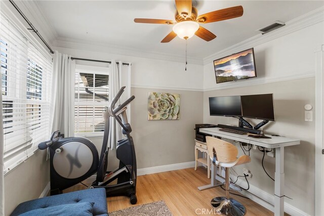 office featuring ceiling fan, a healthy amount of sunlight, light wood-type flooring, and ornamental molding