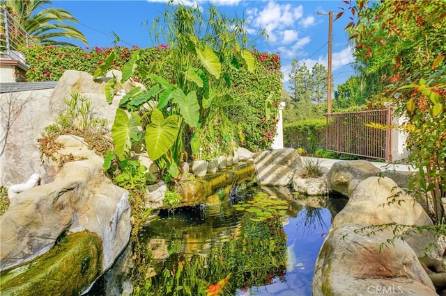 exterior space featuring a small pond