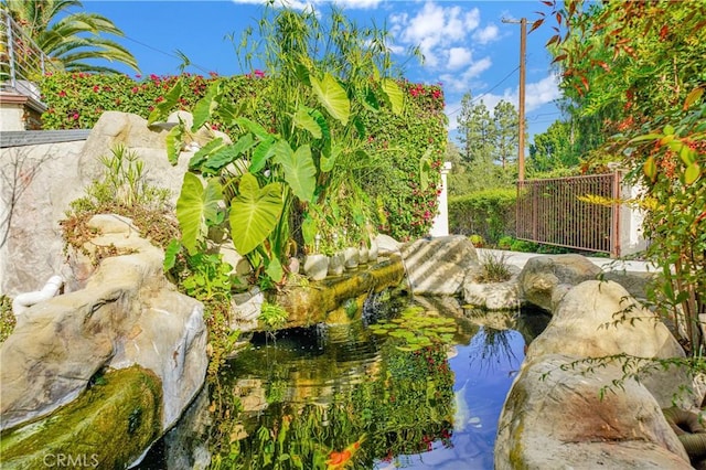 view of home's community with a garden pond