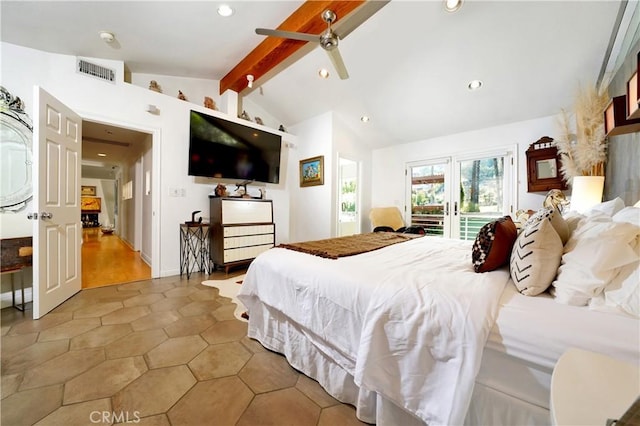 bedroom featuring ceiling fan, access to exterior, french doors, and vaulted ceiling with beams