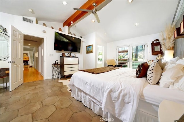 bedroom with vaulted ceiling with beams, french doors, ceiling fan, and access to exterior