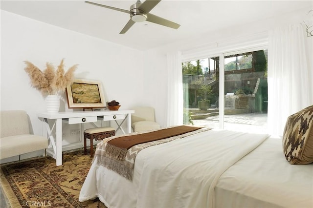 bedroom featuring ceiling fan and access to exterior