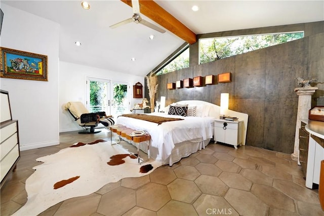 bedroom with vaulted ceiling with beams, access to outside, and ceiling fan