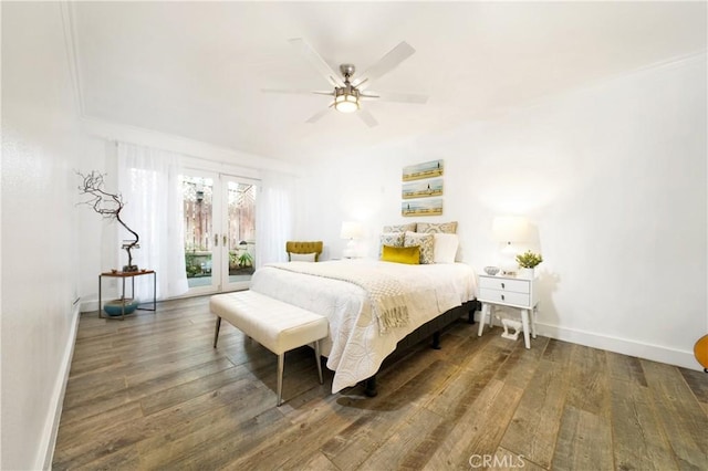 bedroom with dark wood-type flooring, access to exterior, ceiling fan, and french doors