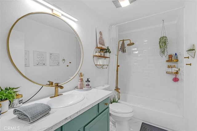 full bathroom featuring toilet, shower / tub combo, and vanity