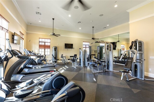 workout area with ornamental molding and ceiling fan