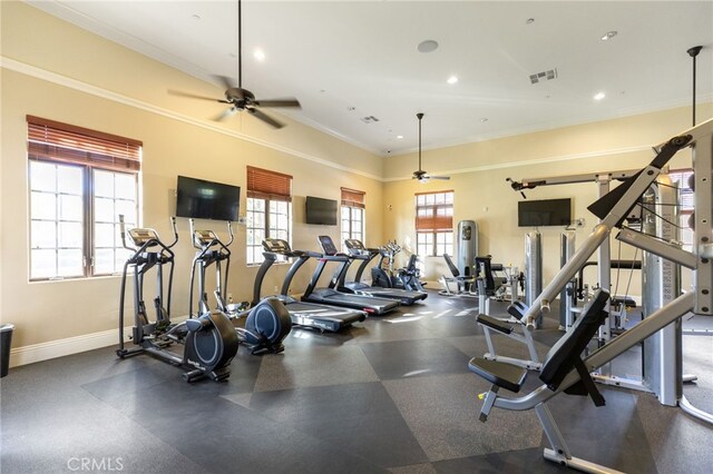 workout area featuring crown molding, ceiling fan, and a healthy amount of sunlight