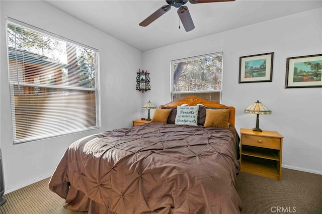 bedroom with ceiling fan and carpet