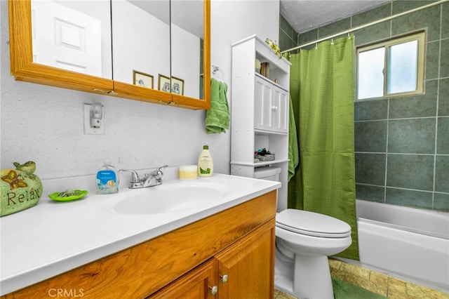 full bathroom with toilet, vanity, and shower / tub combo with curtain