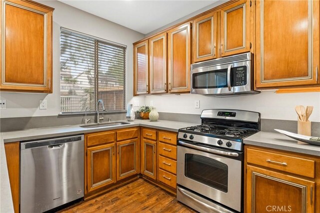 kitchen featuring appliances with stainless steel finishes, sink, and dark hardwood / wood-style flooring