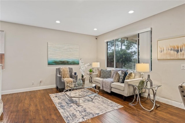 living room with dark hardwood / wood-style flooring