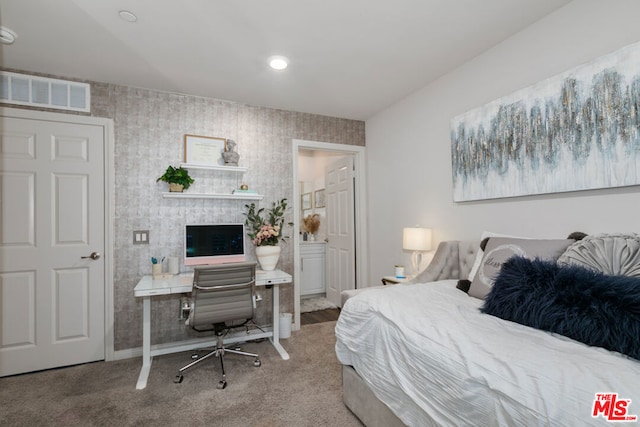 bedroom featuring light colored carpet