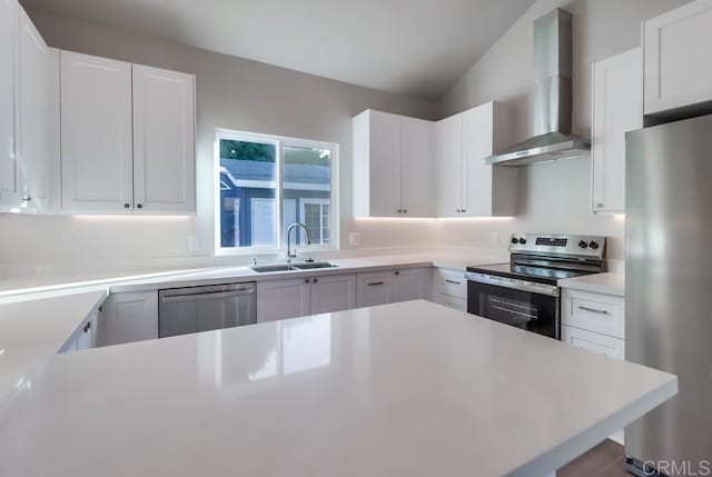 kitchen featuring sink, white cabinetry, wall chimney range hood, and stainless steel appliances