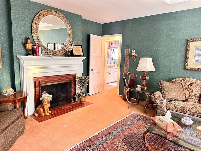 carpeted living room with a fireplace