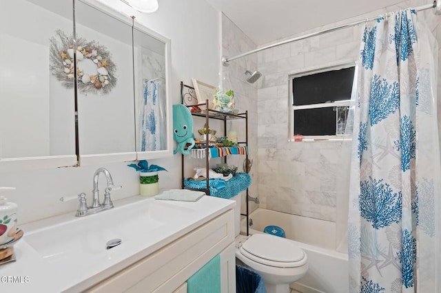 full bathroom featuring toilet, vanity, and shower / bath combination with curtain