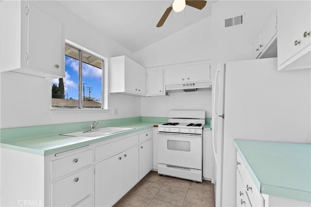 kitchen with ceiling fan, sink, white cabinets, and white appliances