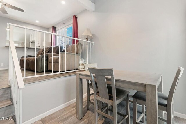 dining area featuring light hardwood / wood-style floors and ceiling fan