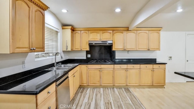 kitchen featuring stainless steel dishwasher, sink, light brown cabinets, and light hardwood / wood-style flooring