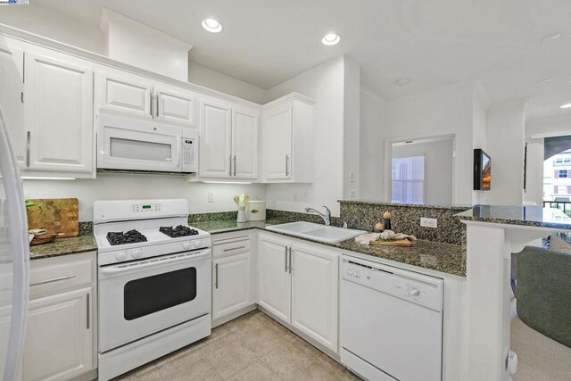 kitchen with white cabinetry, kitchen peninsula, white appliances, dark stone countertops, and sink