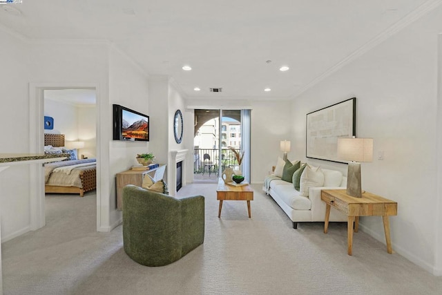 living room with crown molding and light colored carpet