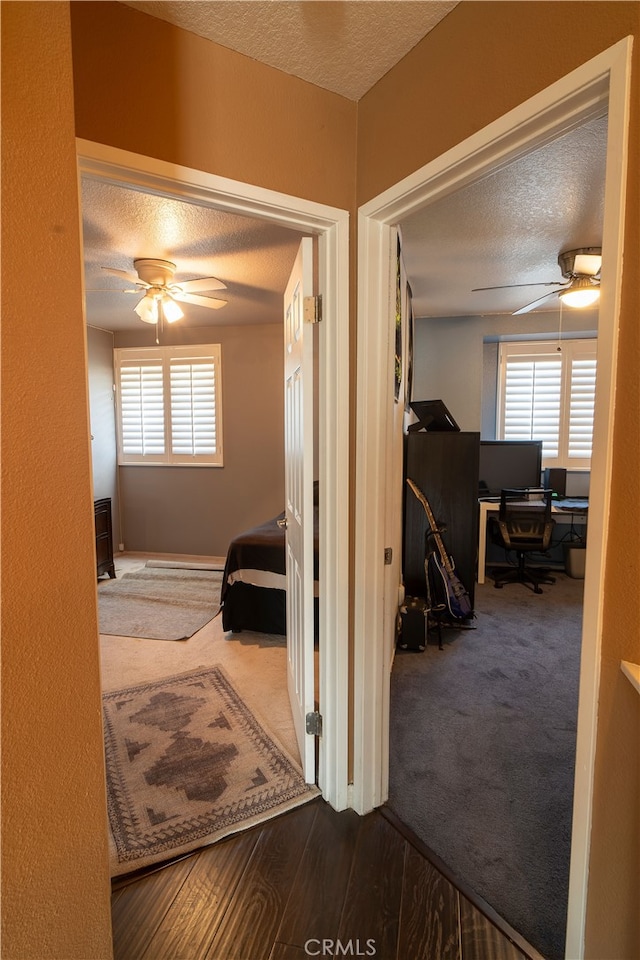 hallway with a textured ceiling and carpet