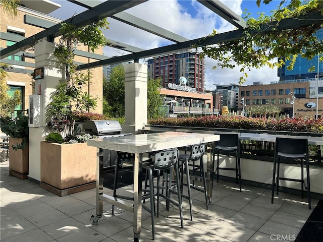 view of patio featuring exterior kitchen, an outdoor bar, and a pergola