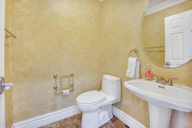 bathroom featuring toilet, sink, and ornamental molding