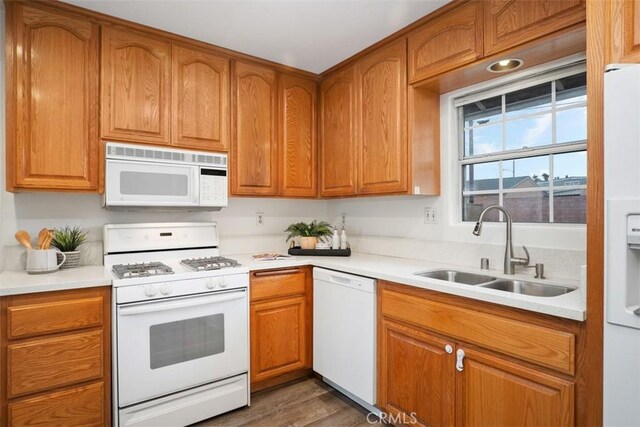 kitchen featuring sink, dark hardwood / wood-style floors, and white appliances