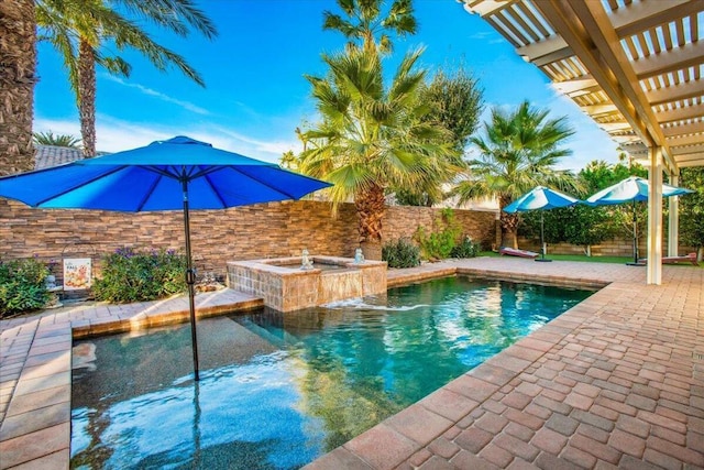 view of pool featuring a pergola, pool water feature, an in ground hot tub, and a patio