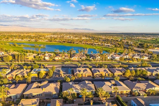 bird's eye view featuring a water and mountain view