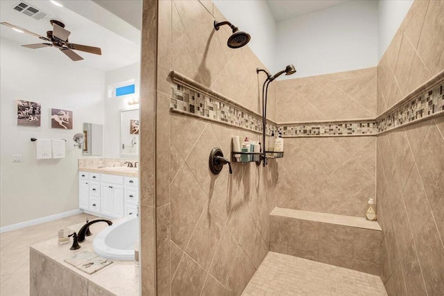 bathroom with ceiling fan, vanity, and shower with separate bathtub