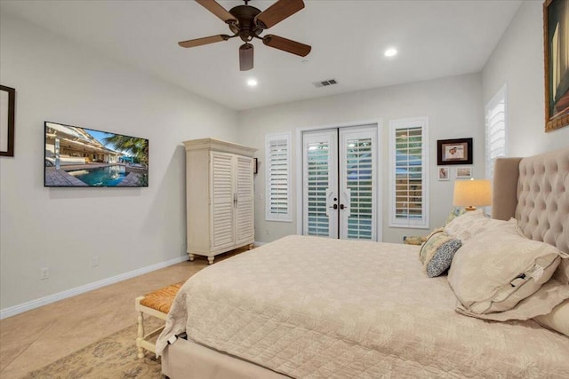 tiled bedroom with ceiling fan, access to exterior, and french doors