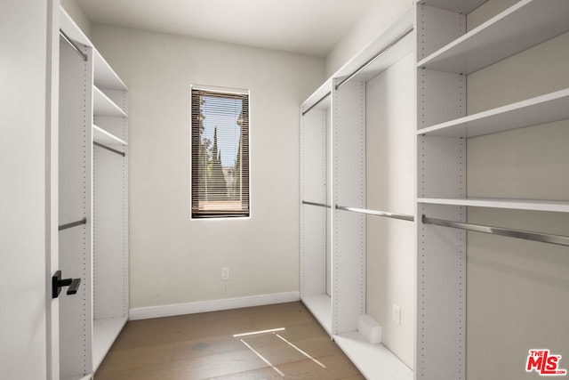 walk in closet with hardwood / wood-style floors