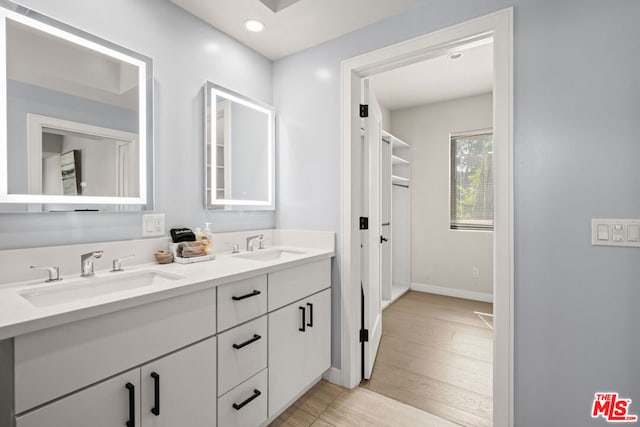 bathroom with wood-type flooring and vanity