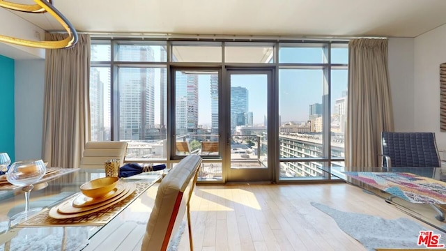 interior space featuring expansive windows, wood-type flooring, and access to outside