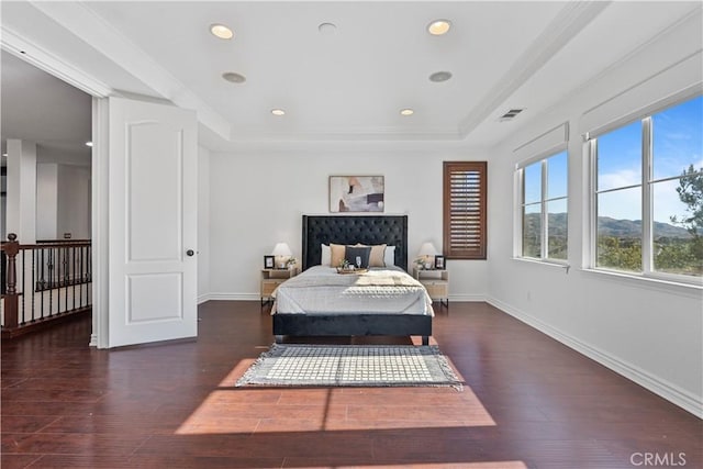 bedroom with dark hardwood / wood-style flooring, a mountain view, and a raised ceiling