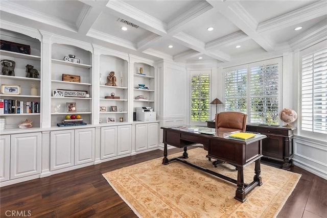 office space with dark hardwood / wood-style floors, beamed ceiling, coffered ceiling, a healthy amount of sunlight, and built in shelves