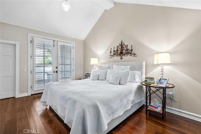 bedroom featuring french doors, access to exterior, dark hardwood / wood-style floors, and lofted ceiling with beams