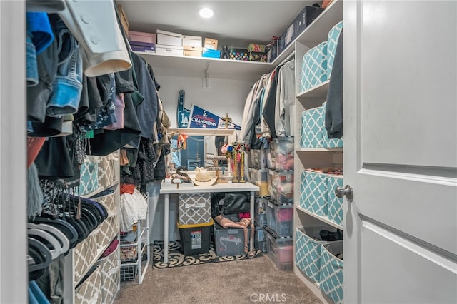 walk in closet with carpet