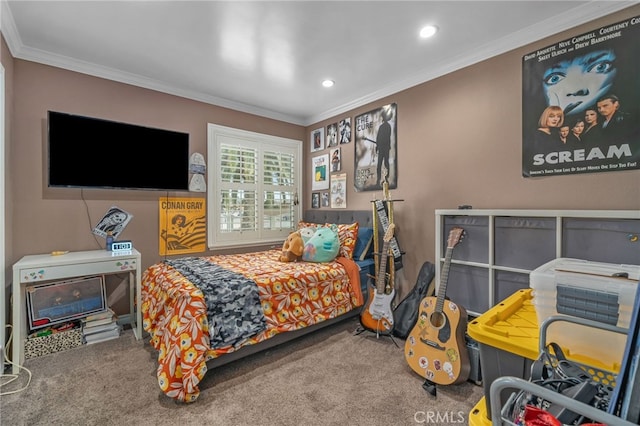 carpeted bedroom with crown molding