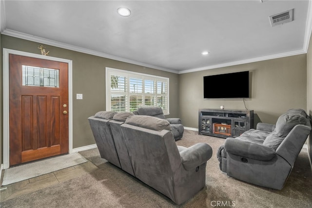 tiled living room with crown molding