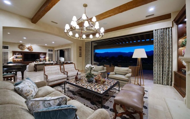 living room featuring a notable chandelier and beamed ceiling