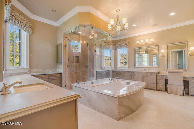 bathroom featuring vanity, a notable chandelier, crown molding, and shower with separate bathtub