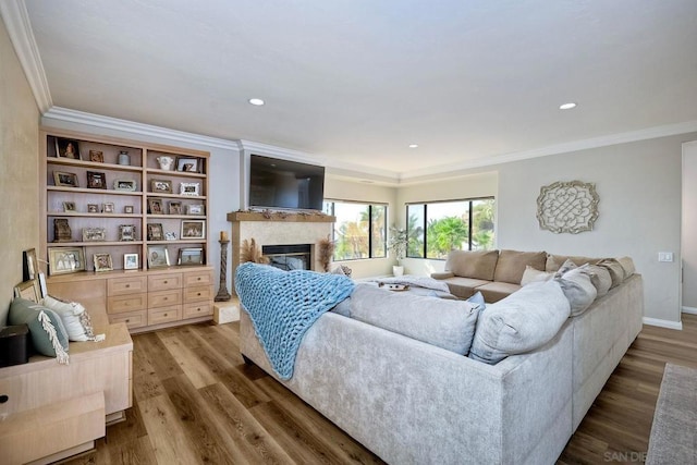 living room featuring a high end fireplace, ornamental molding, and dark hardwood / wood-style floors