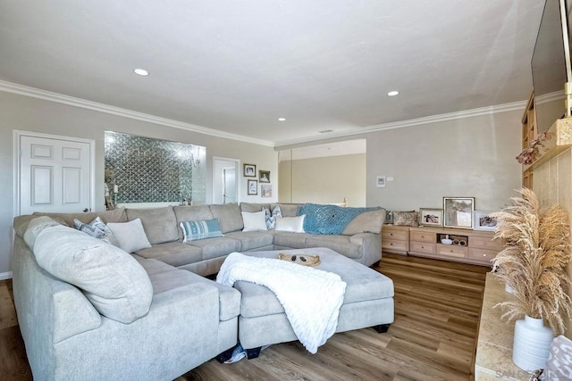 living room with hardwood / wood-style floors and ornamental molding