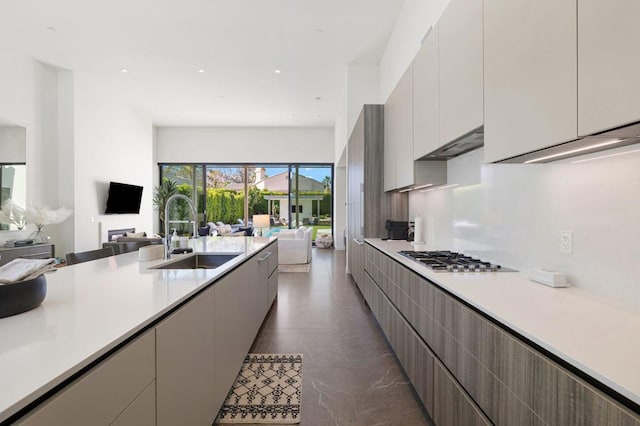 kitchen featuring sink, stainless steel gas stovetop, and range hood