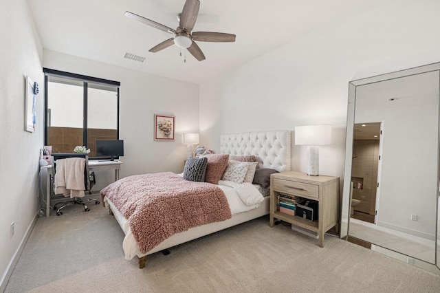 bedroom with ceiling fan and light colored carpet