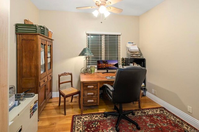 office space featuring ceiling fan and light hardwood / wood-style flooring