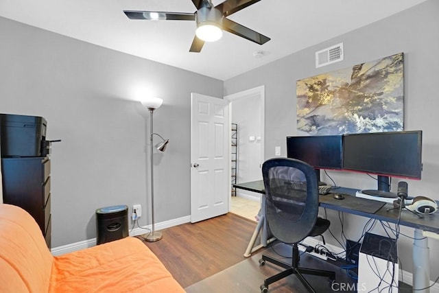 office space with ceiling fan and hardwood / wood-style floors