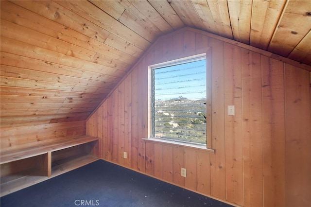 additional living space featuring wood walls, wood ceiling, and vaulted ceiling